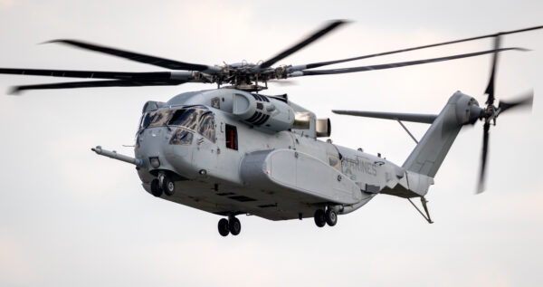 Berlin Apr 27, 2018: New Sikorsky Ch 53k King Stallion Heavy Lift Helicopter Of The Us Marines In Action At The Berlin Ila Air Show.
